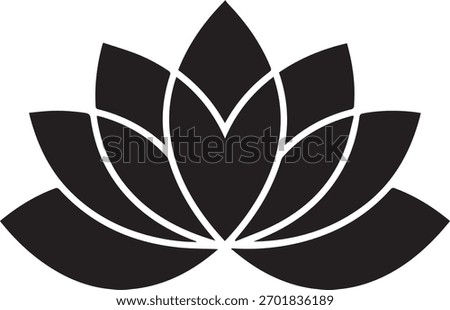 Stylized black lotus flower vector icon on white background representing purity, peace, and growth.