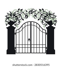 Stylized black metal gate with decorative floral arch and pillars. Elegant entrance design with ornate details. Suitable for garden design, architecture, and luxury branding concepts.