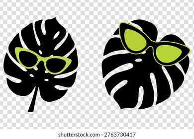 stylized black monstera leaves wearing cool lime green cateye sunglasses isolated on transparent background