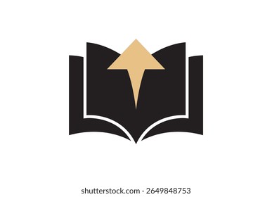 A stylized black open book with a golden arrow pointing upwards from the center, symbolizing growth, learning, and progress. The graphic is isolated on a clean white background.