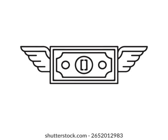 Stylized black outline of a dollar bill with wings flying isolated on white background