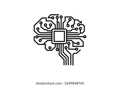 A stylized black outline of a human brain formed from a circuit board pattern, featuring a central processor chip and connecting lines, isolated on a white background.