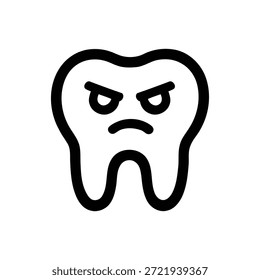 Um ícone estilizado com contorno preto que representa um dente molar com uma expressão facial irritada ou perturbada, perfeito para conceitos de saúde dentária ou dor.