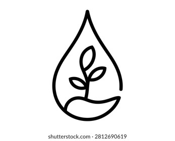 Stylized black outline icon representing a water droplet containing a growing plant sprout symbolizing growth and nature