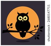 Stylized black owl perched on a branch against a large orange moon.