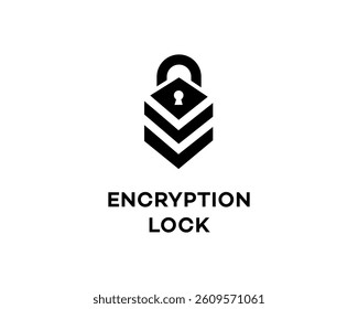 A stylized black padlock icon with layered design elements, symbolizing robust data encryption and security. The text Encryption Lock is displayed below.