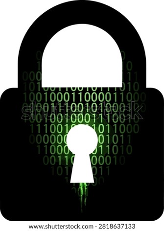 A stylized black padlock shape featuring a green matrix style binary code pattern inside and a prominent white keyhole in the center representing digital security.