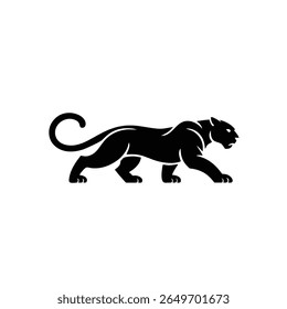 A stylized black panther, depicted in profile view, walks with a powerful stance against a white background.  The image is a graphic design, possibly a logo.