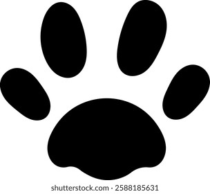 Stylized black paw print featuring four distinct toes and a prominent pad, isolated against a clean white background, producing a simple yet striking visual design