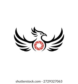 A stylized black phoenix bird with spread wings and a red camera shutter wheel in its center, set against a clean white background, symbolizing creativity and photography.