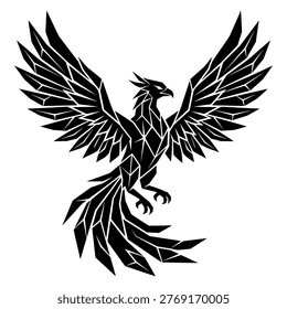 A stylized black phoenix with geometric, angular patterns forming its body and outstretched wings, depicted in a powerful flight pose on a white background. This modern graphic design evokes strength and rebirth.