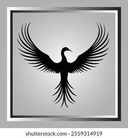 Stylized black phoenix silhouette with outstretched wings on gradient gray background framed elegantly 