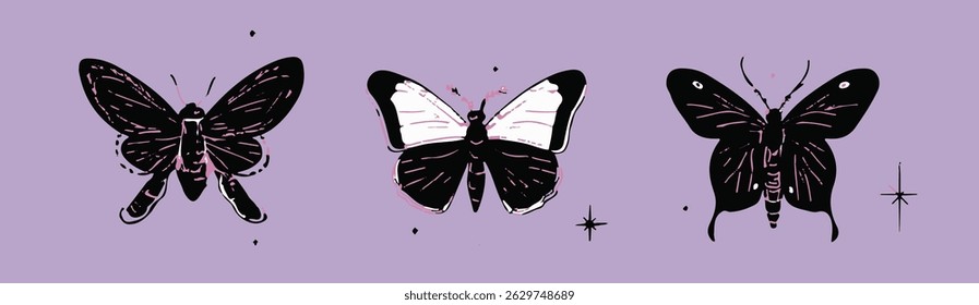Stylized black and pink butterfly illustrations with hand-drawn, graphic inky details on a purple background, done in a modern illustrative and trendy tattoo flash style.
