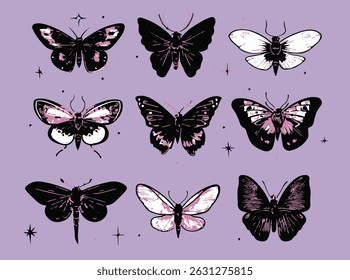 Stylized black and pink butterfly illustrations with hand-drawn, graphic inky details on a purple background, done in a modern illustrative and trendy tattoo flash style.
