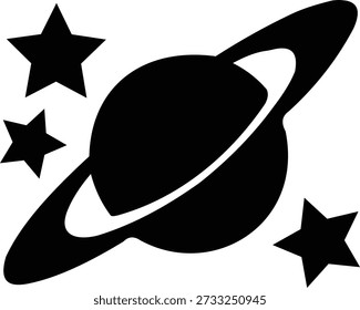A stylized black planet with a ring and three stars on a pure white background, perfect for astronomy and space designs