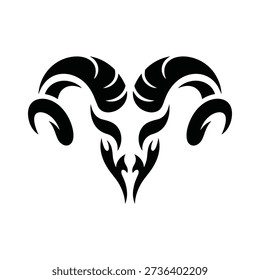 A stylized black ram skull with curved horns on a pure white background, featuring sharp lines and a tribal-inspired design
