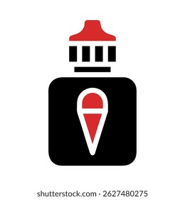 Icono estilizado del envase líquido negro y rojo con el cuentagotas para dispensar