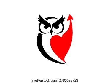 Stylized black and red owl design with sharp features and an upward arrow tail