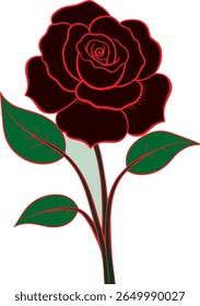 Stylized black and red rose flower with detailed green foliage ideal for tattoo design vintage art projects and floral themed graphics, Beautiful vector rose with dark red petals and green leaves grea