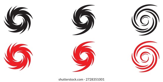 Designs estilizados de vórtices em espiral preto e vermelho