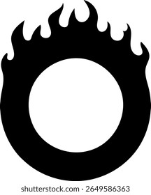 A stylized black ring of fire icon is isolated on a clean white background. This graphic represents heat, energy, or a circular flame.
