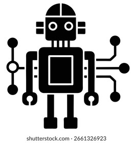 Um ícone robô preto estilizado com cabeça segmentada, olhos circulares e corpo quadrado central. Possui vários braços com nós circulares e linhas de conexão, assemelhando-se a uma placa de circuito.