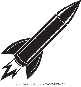 Stylized black rocket ship with fiery exhaust blast isolated on transparent background