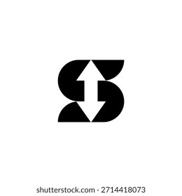 Diseño estilizado del logotipo del Vector de la letra del negro s con las flechas hacia arriba y hacia abajo en el espacio negativo, símbolo abstracto moderno