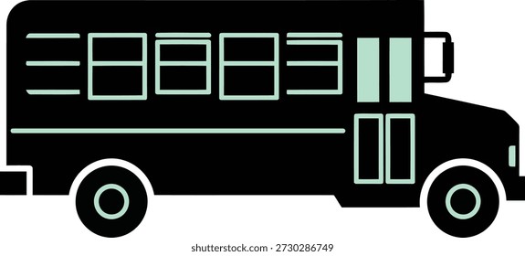 A stylized black school bus with mint green window outlines and wheel accents is depicted against a plain white background. The illustration is simple and graphic.