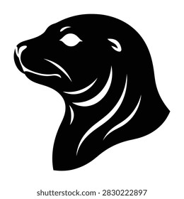 A stylized black seal head in profile with white highlights on a plain white background