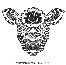 Stylized black sheep portrait on white background.