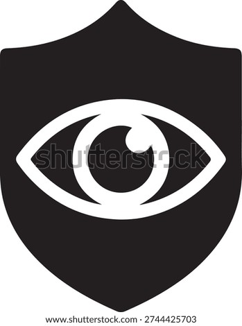 A stylized black shield with a white eye symbol in the center, representing vigilance and protection isolated on white background, illustration
