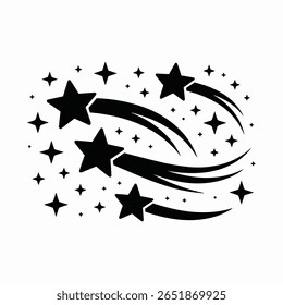 Vetor estilizado de estrelas cadentes pretas com faíscas e trilhas brilhantes em fundo branco para desenhos temáticos celestiais, cósmicos e de fantasia.