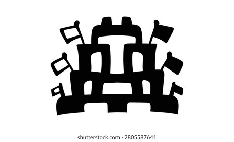 Stylized black silhouette of an abstract monument or building adorned with multiple small flags on a white background. Simple graphic design.