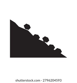 A stylized black silhouette of an abstract mountain with a sloped terrain. The surface features irregular, jagged edges and includes three hexagonal rock shapes positioned along the incline. The compo.