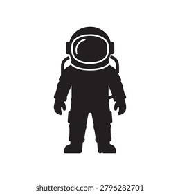 A stylized black silhouette of an astronaut in a full space suit stands upright against a plain light background. The suit includes a helmet with a visible visor, backpack, and gloves, giving a clear .