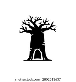 A stylized black silhouette of a baobab tree featuring a prominent, arched entrance at its base and branching limbs.
