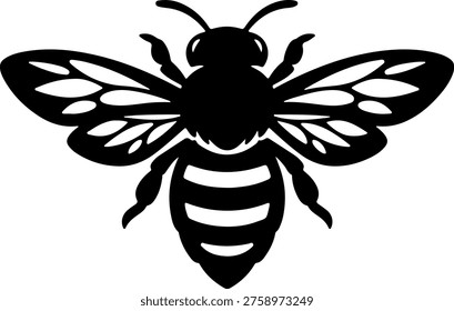 A stylized black silhouette of a bee with transparent wings and striped abdomen