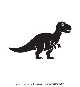 A stylized black silhouette of a bipedal dinosaur standing upright with subtle light gray shading on its body, legs, and tail. The dinosaur has a friendly facial expression with a small eye and smilin.