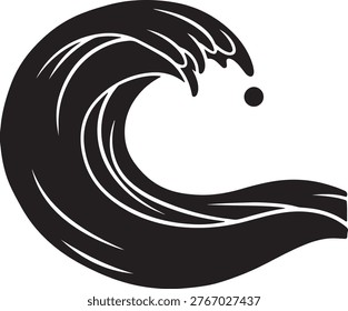 Stylized black silhouette of a breaking ocean wave with big wave crashing sea black and white abstract silhouette monochrome isolated symbolic