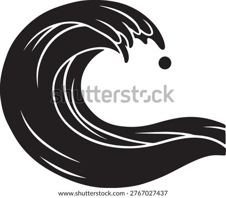 Stylized black silhouette of a breaking ocean wave with big wave crashing sea black and white abstract silhouette monochrome isolated symbolic