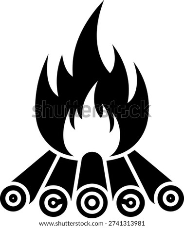 Stylized black silhouette of a campfire with flames and logs, evoking warmth, outdoors, and camping.