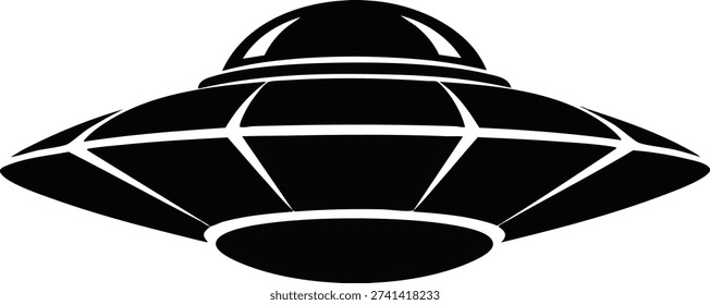 A stylized black silhouette of a classic flying saucer or UFO, isolated on a clean white background, perfect for science fiction themes.