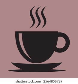 A stylized, black silhouette of a coffee cup and saucer, with steam rising from the cup.