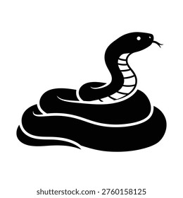 A stylized black silhouette of a coiled snake with its tongue extended, depicted against a clean white background.
