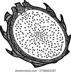Una estilizada silueta negra de una sección transversal de una fruta de dragón, destacando sus escamas exteriores únicas.