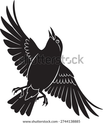 Stylized black silhouette of a crow soaring with its wings extended and beak open isolated on white
