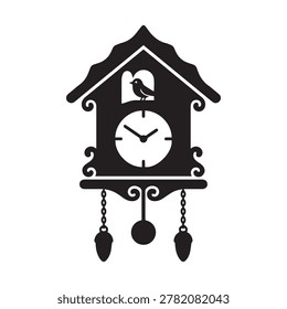 A stylized black silhouette of a cuckoo clock featuring a bird perched above the clock face, with a decorative pendulum and chains hanging below. The clock has a traditional, ornate design with a tria.