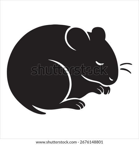 A stylized black silhouette of a cute, round mouse with closed eyes and whiskers, on a white background.