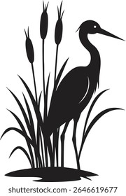 A stylized black silhouette depicts a heron standing amidst tall marsh grasses and cattails.